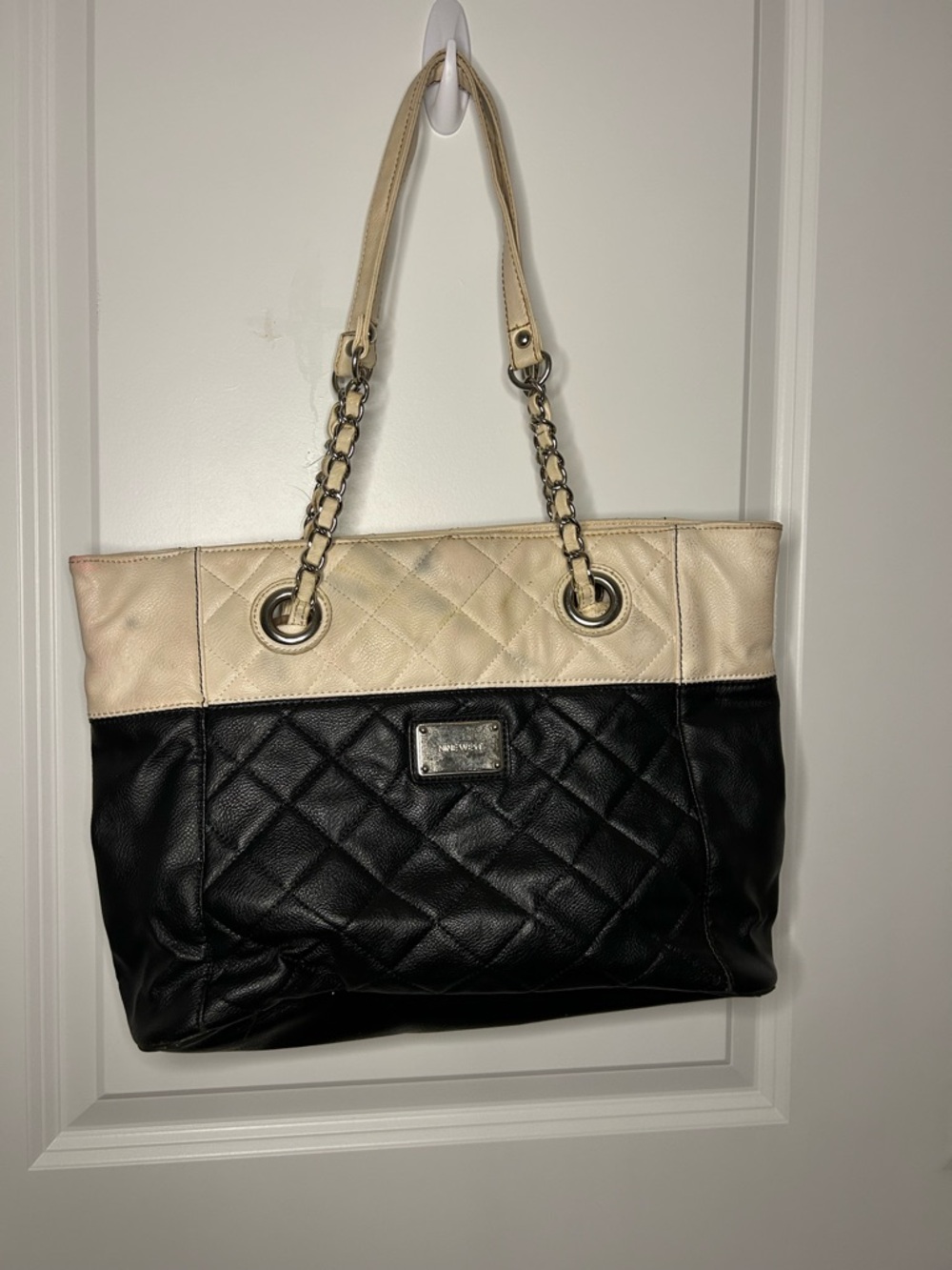 Nine West Quilted Two-Tone Tote Bag in Black and Cream